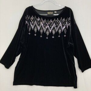 Bob Mackie size XL Black Velvet Sequins Artsy Evening 3/4 Sleeve Stretch Top